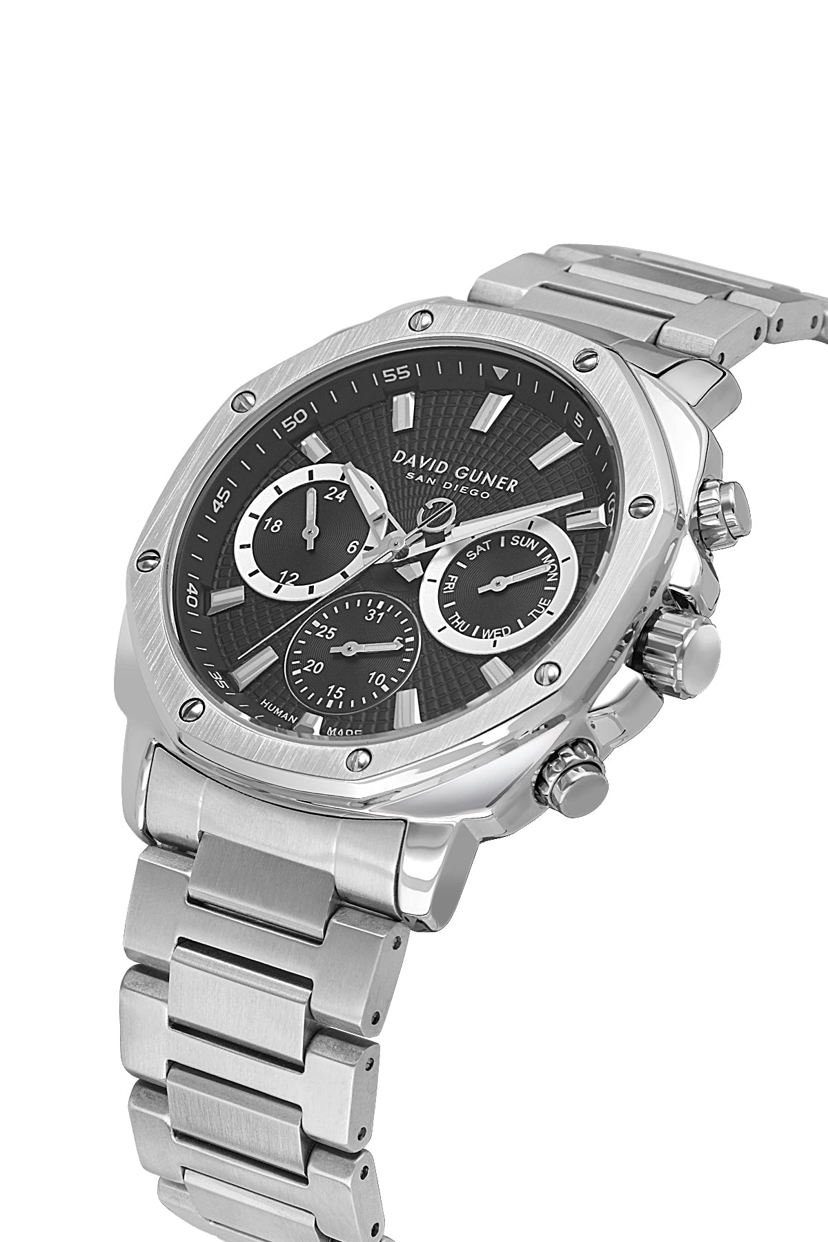 David Guner 8983GA-A2 men's watch with black dial, silver-tone case and stainless steel bracelet – angled view