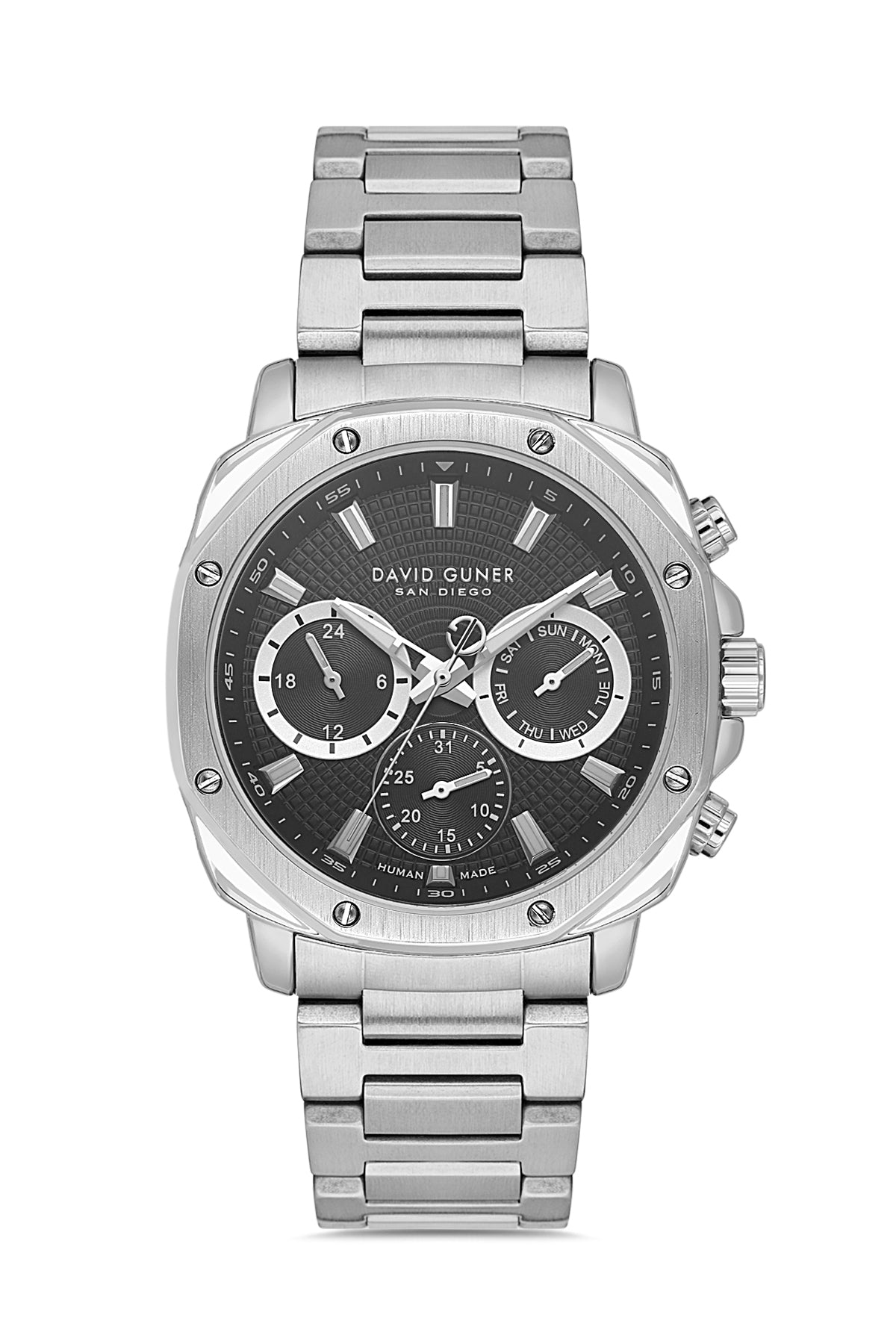 David Guner 8983GA-A2 men's watch with black dial, silver-tone case and stainless steel bracelet – front view