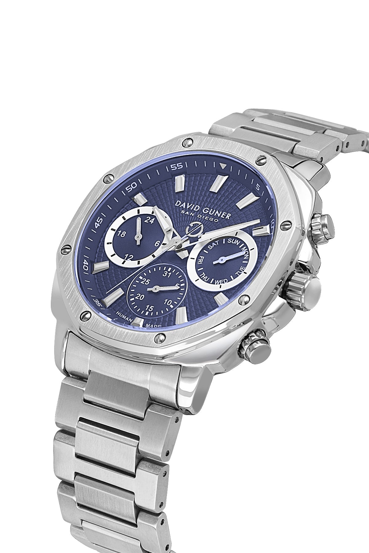 David Guner 8983GA-A3 men's watch with blue dial, silver-tone case and stainless steel bracelet – angled view