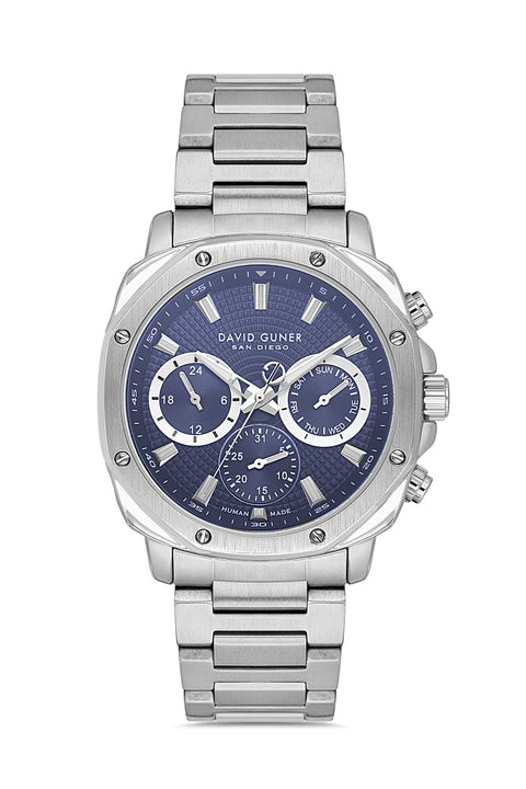 David Guner 8983GA-A3 men's watch with blue dial, silver-tone case and stainless steel bracelet – front view