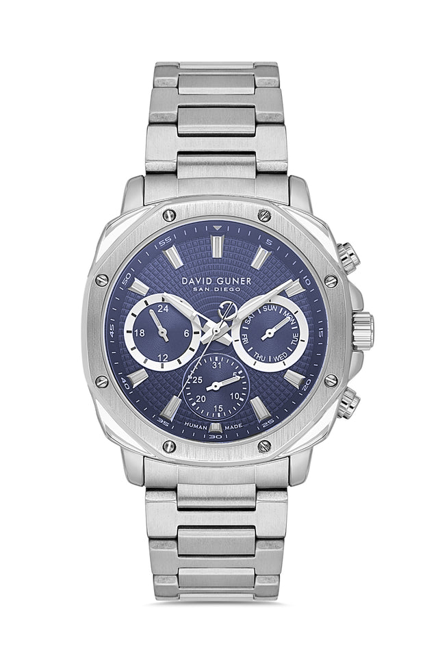 David Guner 8983GA-A3 men's watch with blue dial, silver-tone case and stainless steel bracelet – front view