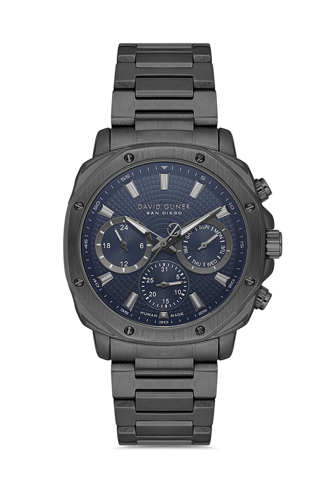 David Guner 8983GA-V3 men's watch with blue dial, gray ion-plated case and stainless steel bracelet – front view