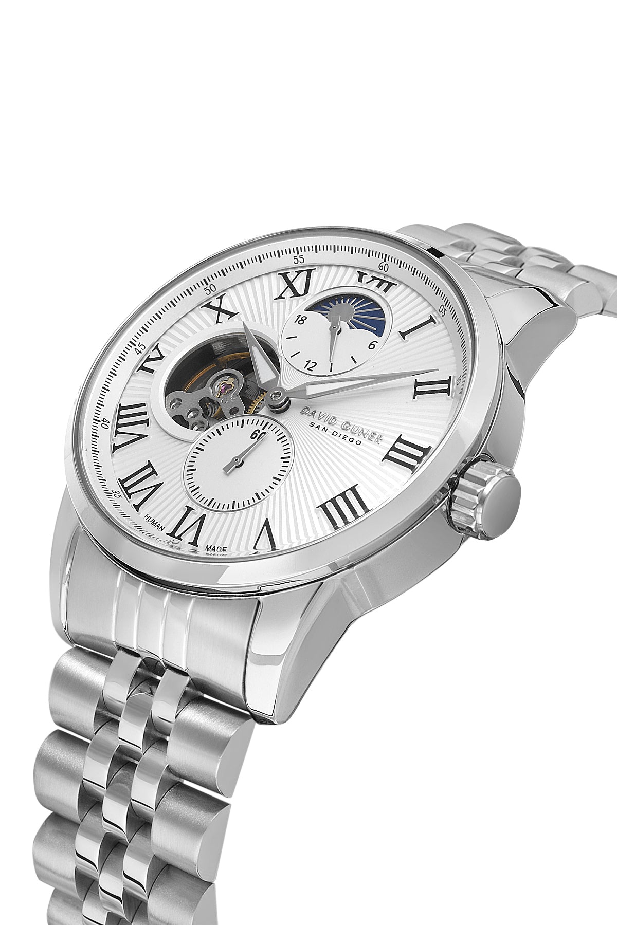 David Guner 8986GA-A1 men's automatic watch with silver dial, silver-tone case and stainless steel bracelet – angled view