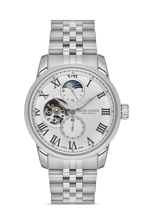 David Guner 8986GA-A1 men's automatic watch with silver dial, silver-tone case and stainless steel bracelet – front view