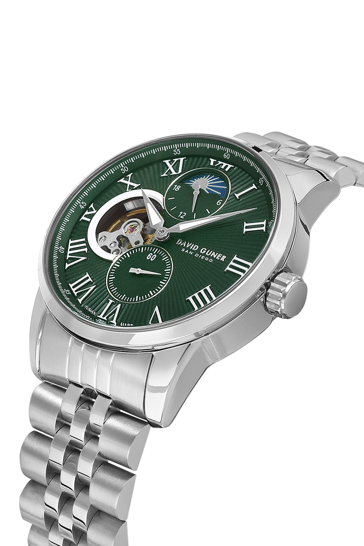 David Guner 8986GA-A10 men's automatic watch with green dial, silver-tone case and stainless steel bracelet – angled view
