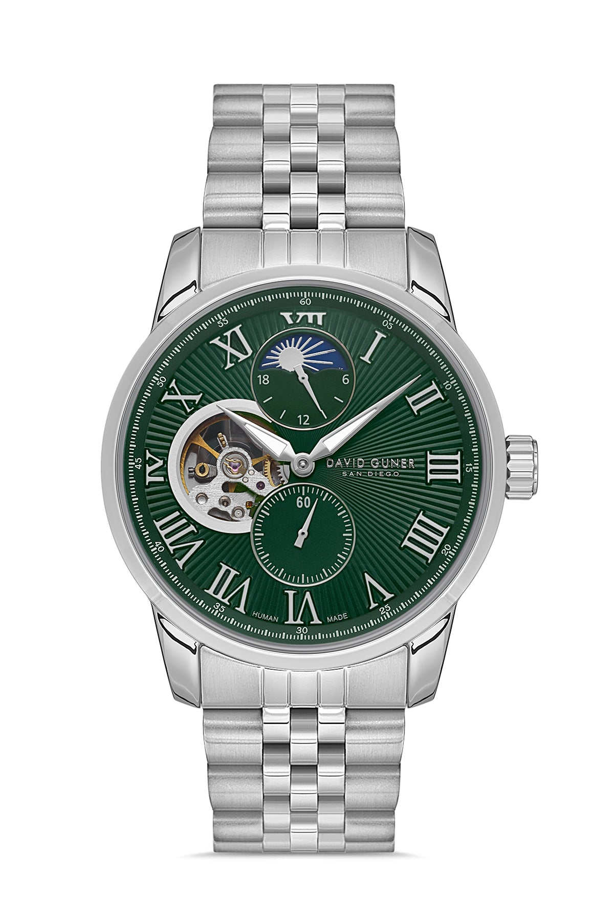 David Guner 8986GA-A10 men's automatic watch with green dial, silver-tone case and stainless steel bracelet – front view