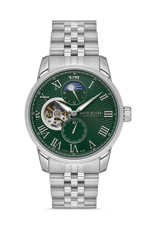 David Guner 8986GA-A10 men's automatic watch with green dial, silver-tone case and stainless steel bracelet – front view