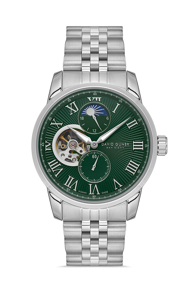 David Guner 8986GA-A10 men's automatic watch with green dial, silver-tone case and stainless steel bracelet – front view