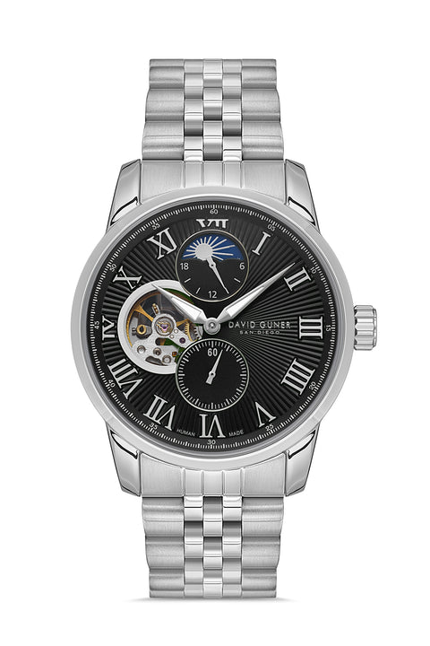 David Guner 8986GA-A2 men's automatic watch with black dial, silver-tone case and stainless steel bracelet – front view