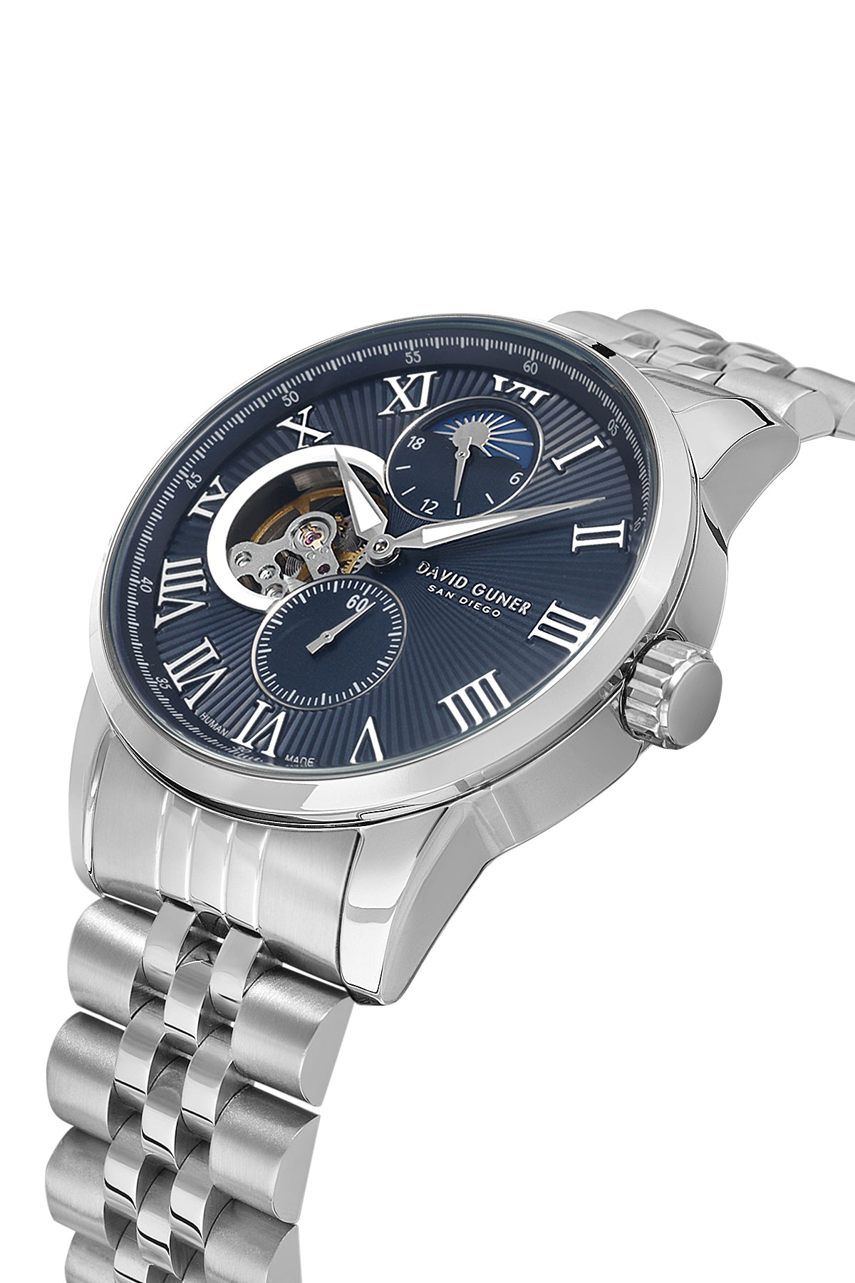 David Guner 8986GA-A3 men's automatic watch with blue dial, silver-tone case and stainless steel bracelet – angled view