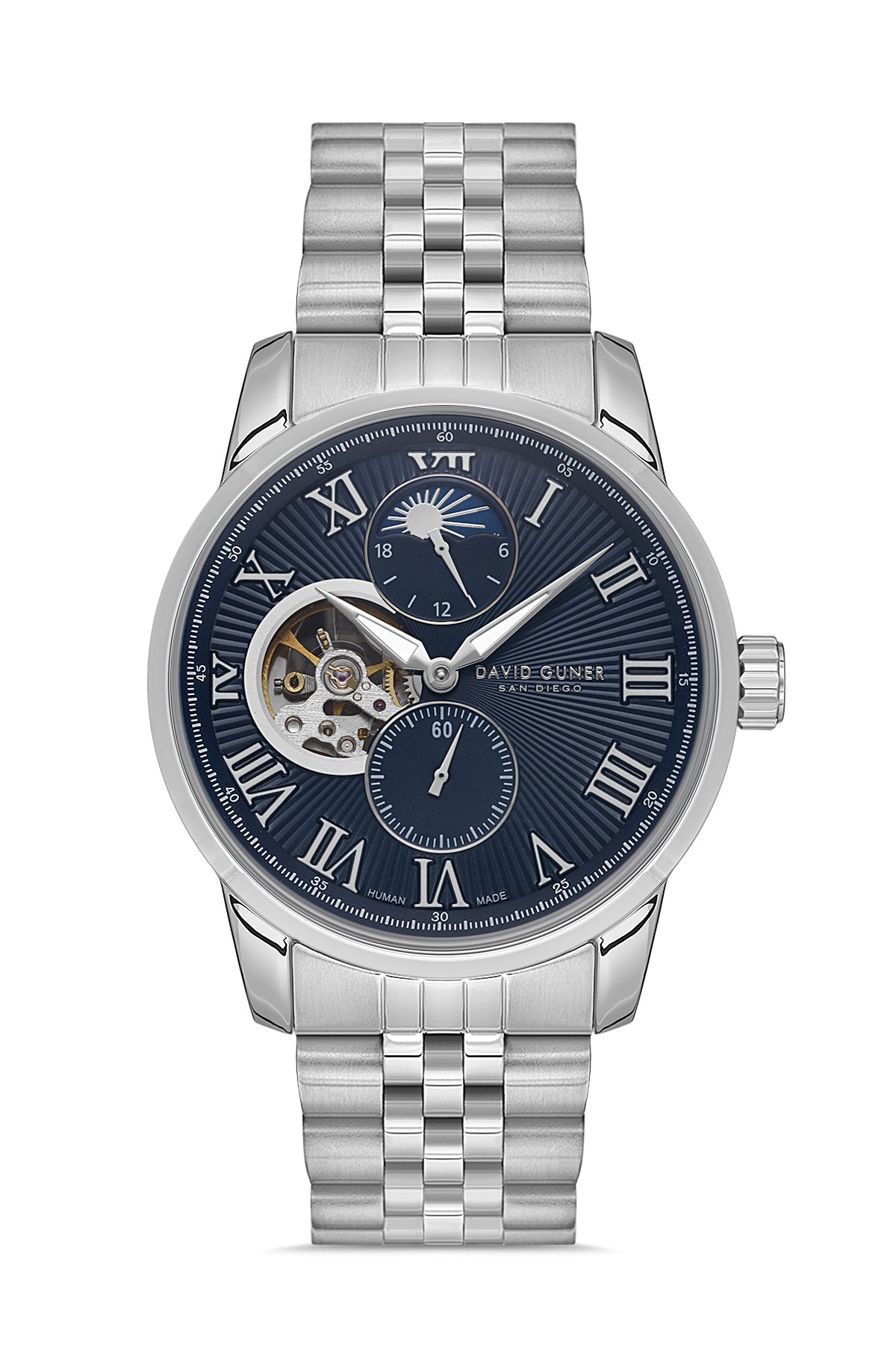 David Guner 8986GA-A3 men's automatic watch with blue dial, silver-tone case and stainless steel bracelet – front view