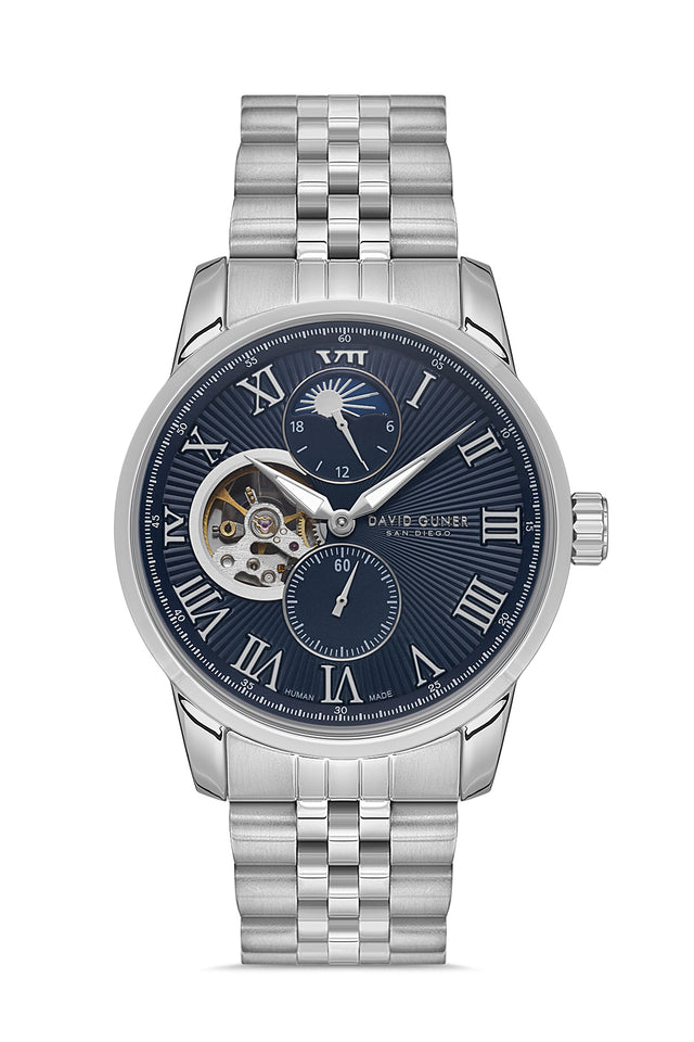 David Guner 8986GA-A3 men's automatic watch with blue dial, silver-tone case and stainless steel bracelet – front view