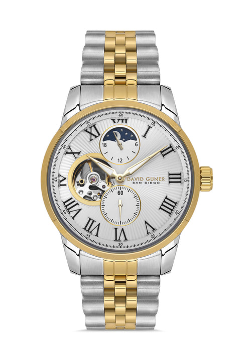 David Guner 8986GA-D1 men's automatic watch with silver dial, two-tone case and stainless steel bracelet – front view