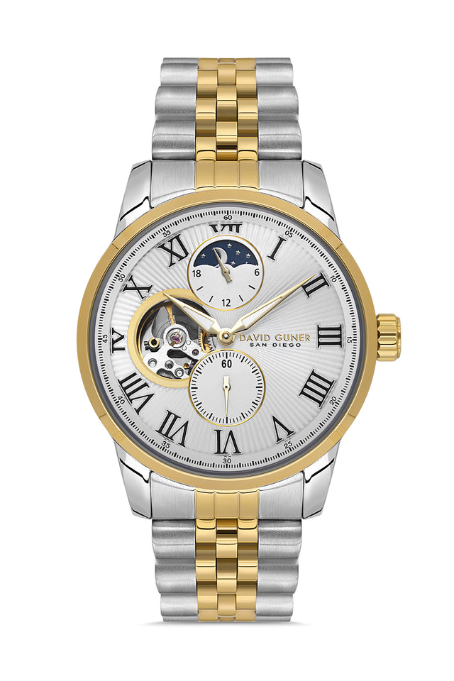 David Guner 8986GA-D1 men's automatic watch with silver dial, two-tone case and stainless steel bracelet – front view