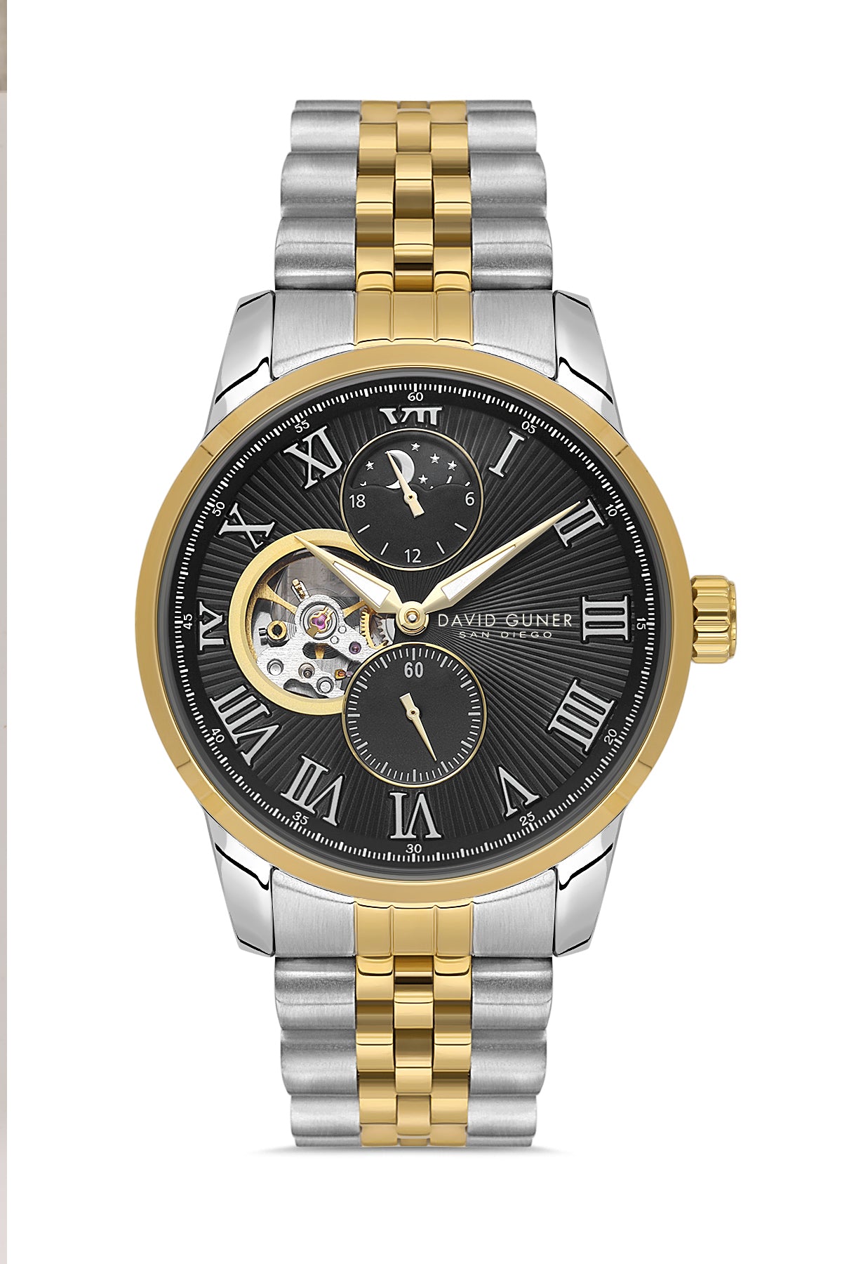 David Guner 8986GA-D2 men's automatic watch with black dial, two-tone case and stainless steel bracelet – front view