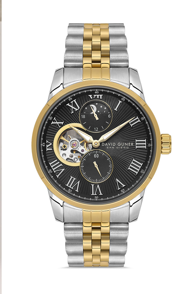 David Guner 8986GA-D2 men's automatic watch with black dial, two-tone case and stainless steel bracelet – front view