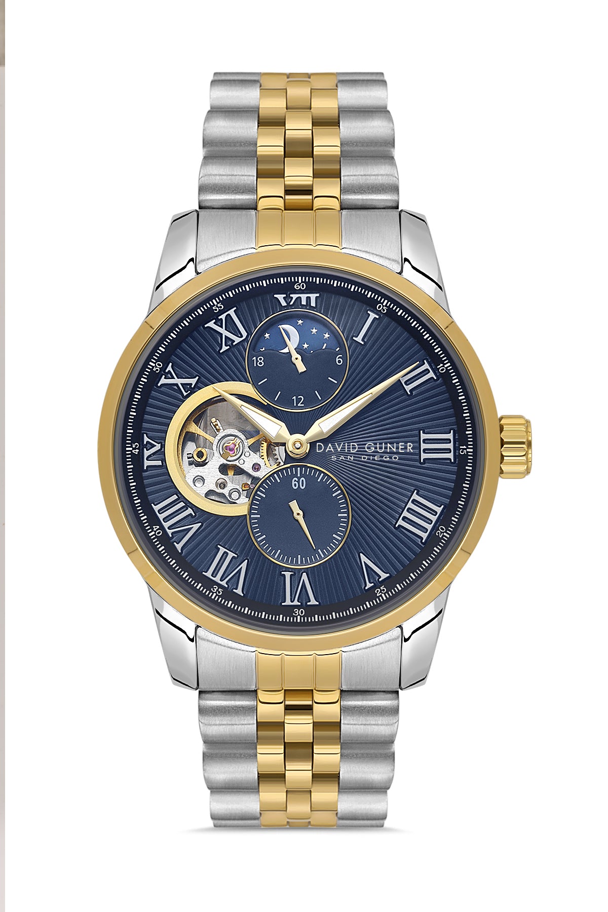 David Guner 8986GA-D3 men's automatic watch with blue dial, two-tone case and stainless steel bracelet – front view