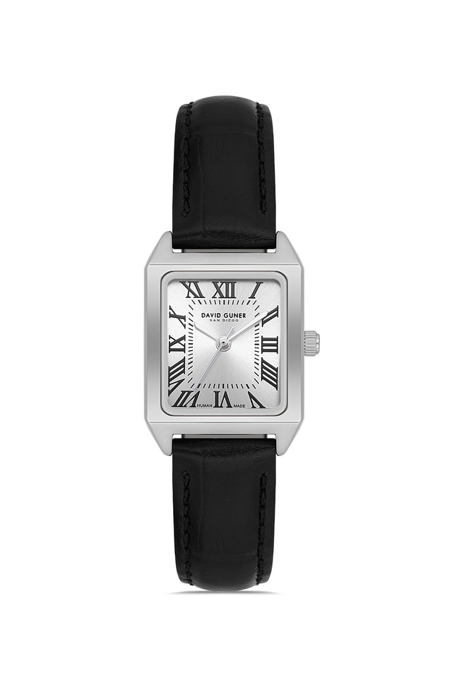 David Guner 8990LB-J1 women's watch with silver dial, silver-tone case and black genuine leather strap – front view
