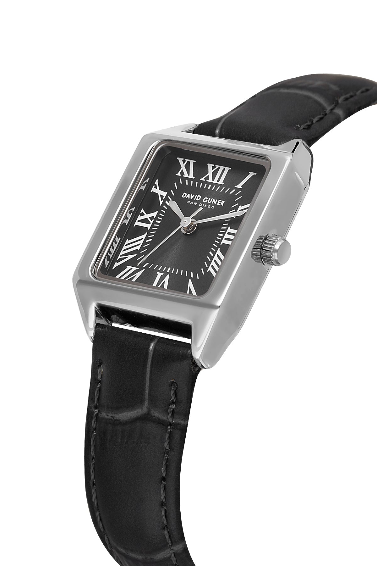 David Guner 8990LB-J2 women's watch with gray dial, silver-tone case and black genuine leather strap – angled view