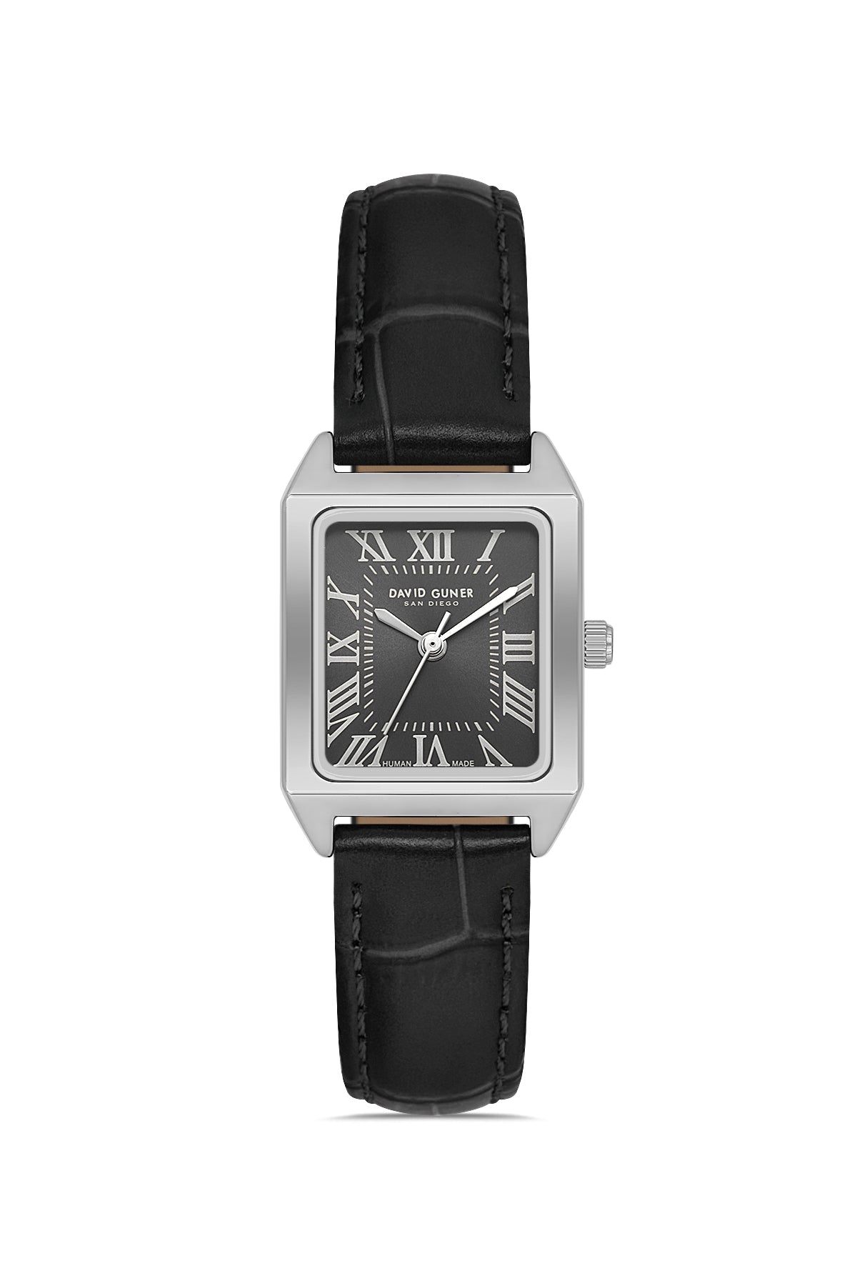 David Guner 8990LB-J2 women's watch with gray dial, silver-tone case and black genuine leather strap – front view