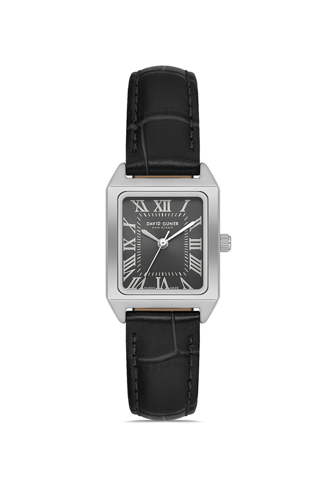 David Guner 8990LB-J2 women's watch with gray dial, silver-tone case and black genuine leather strap – front view