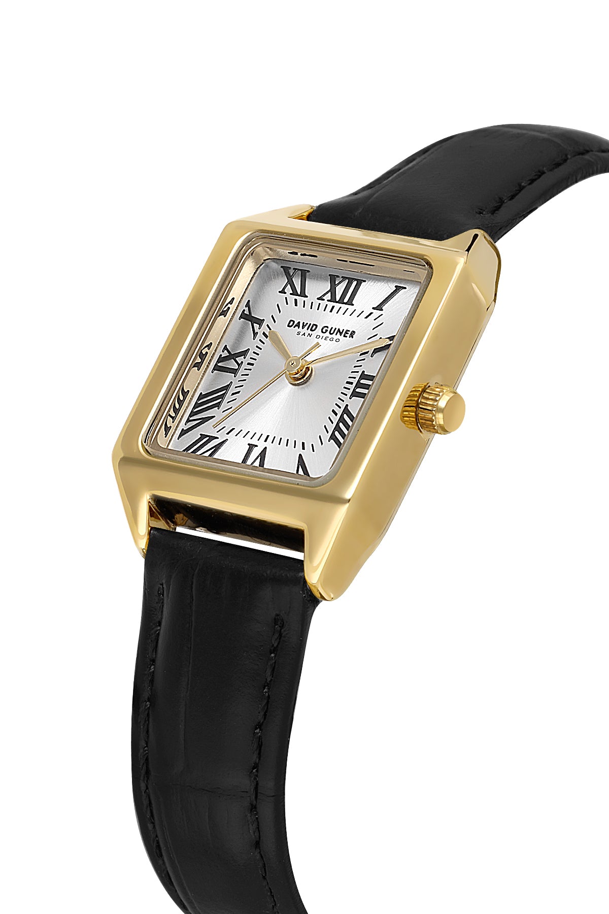 David Guner 8990LB-N1 women's watch with silver dial, gold-tone case and black genuine leather strap – angled view