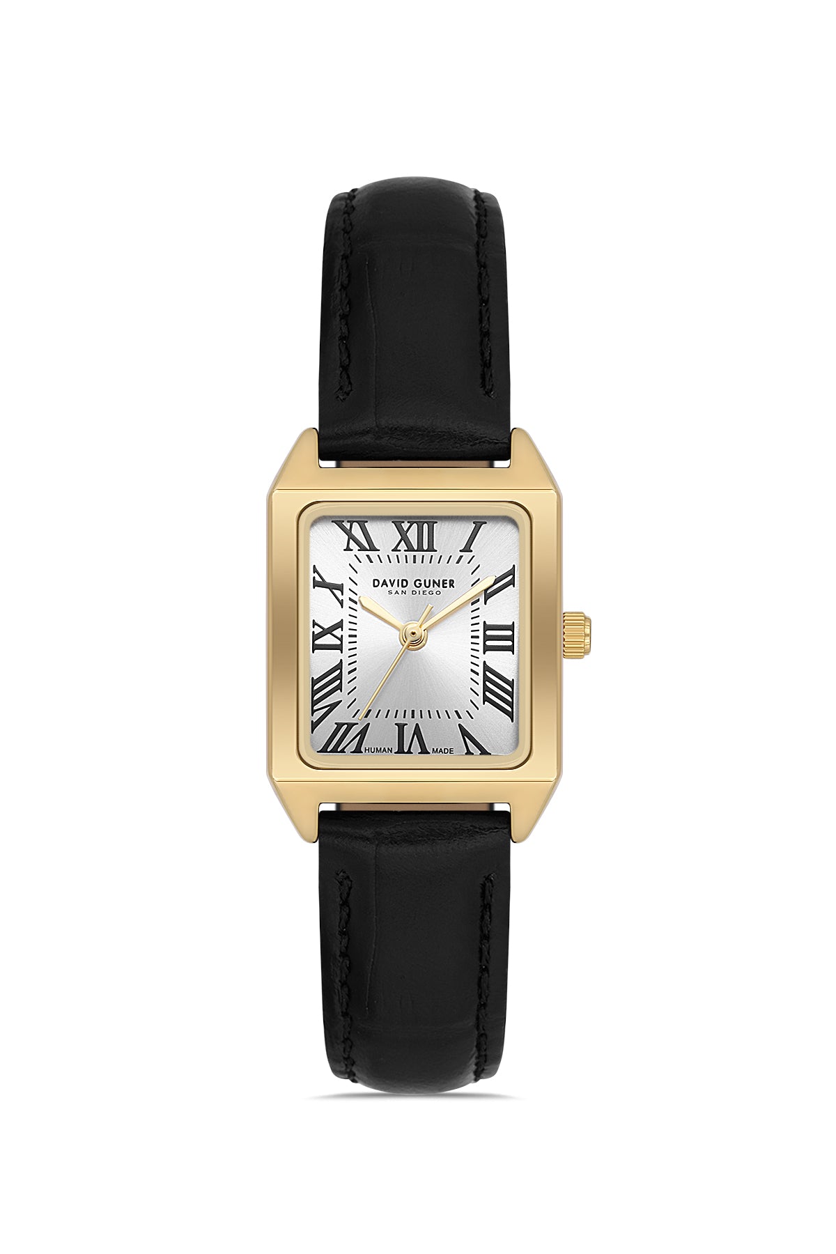 David Guner 8990LB-N1 women's watch with silver dial, gold-tone case and black genuine leather strap – front view
