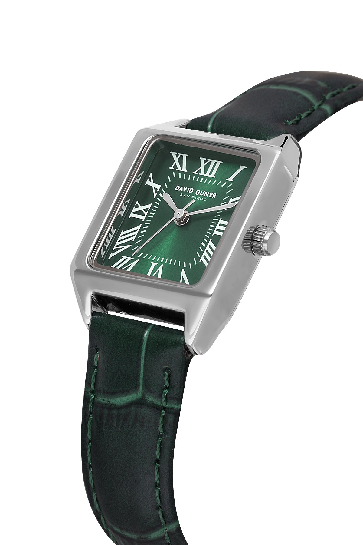 David Guner 8990LB-ZM10 women's watch with green dial, silver-tone case and green genuine leather strap – angled view