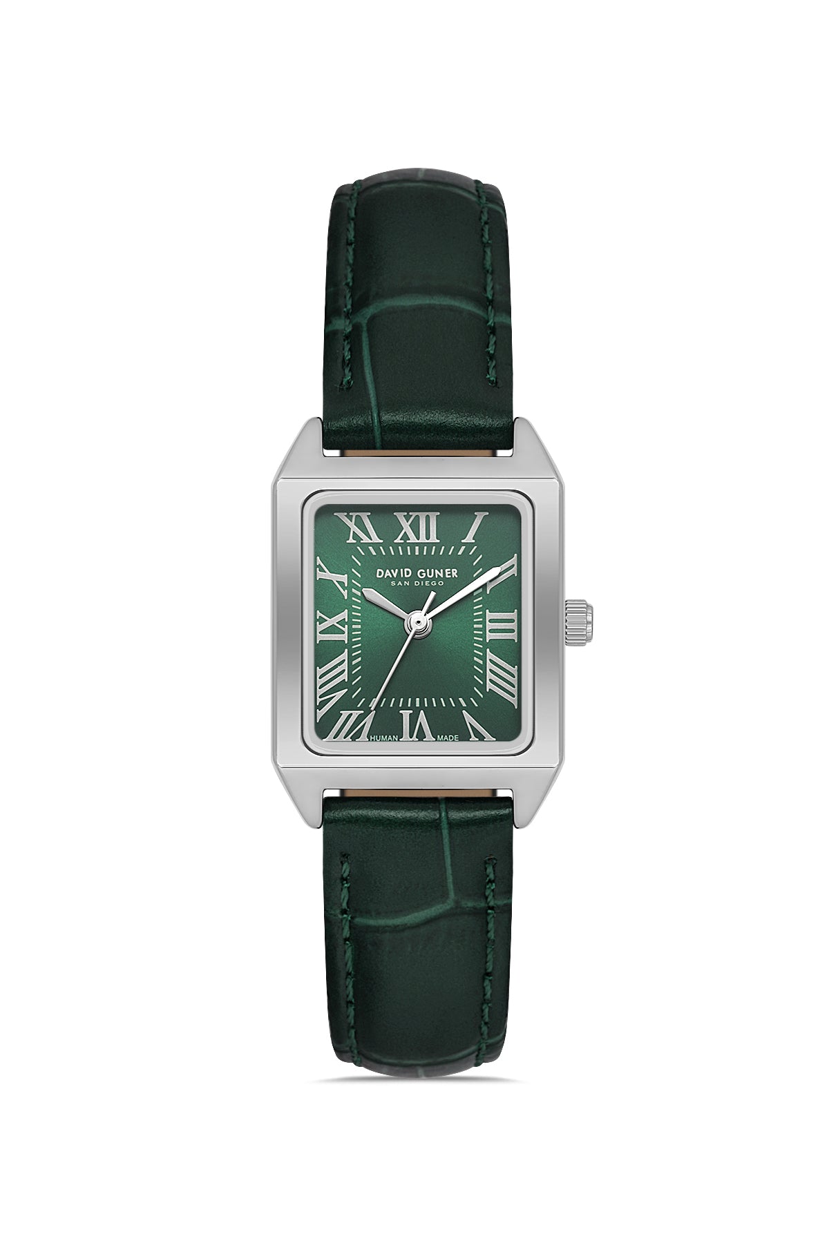David Guner 8990LB-ZM10 women's watch with green dial, silver-tone case and green genuine leather strap – front view