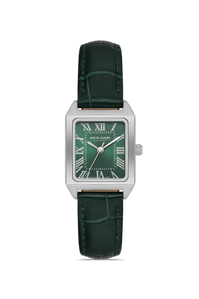 David Guner 8990LB-ZM10 women's watch with green dial, silver-tone case and green genuine leather strap – front view