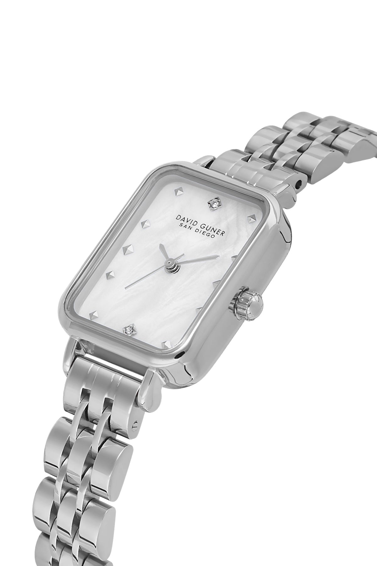 David Guner 9004LA-A1 women's watch with white mother-of-pearl dial, silver-tone case and stainless steel bracelet – angled view