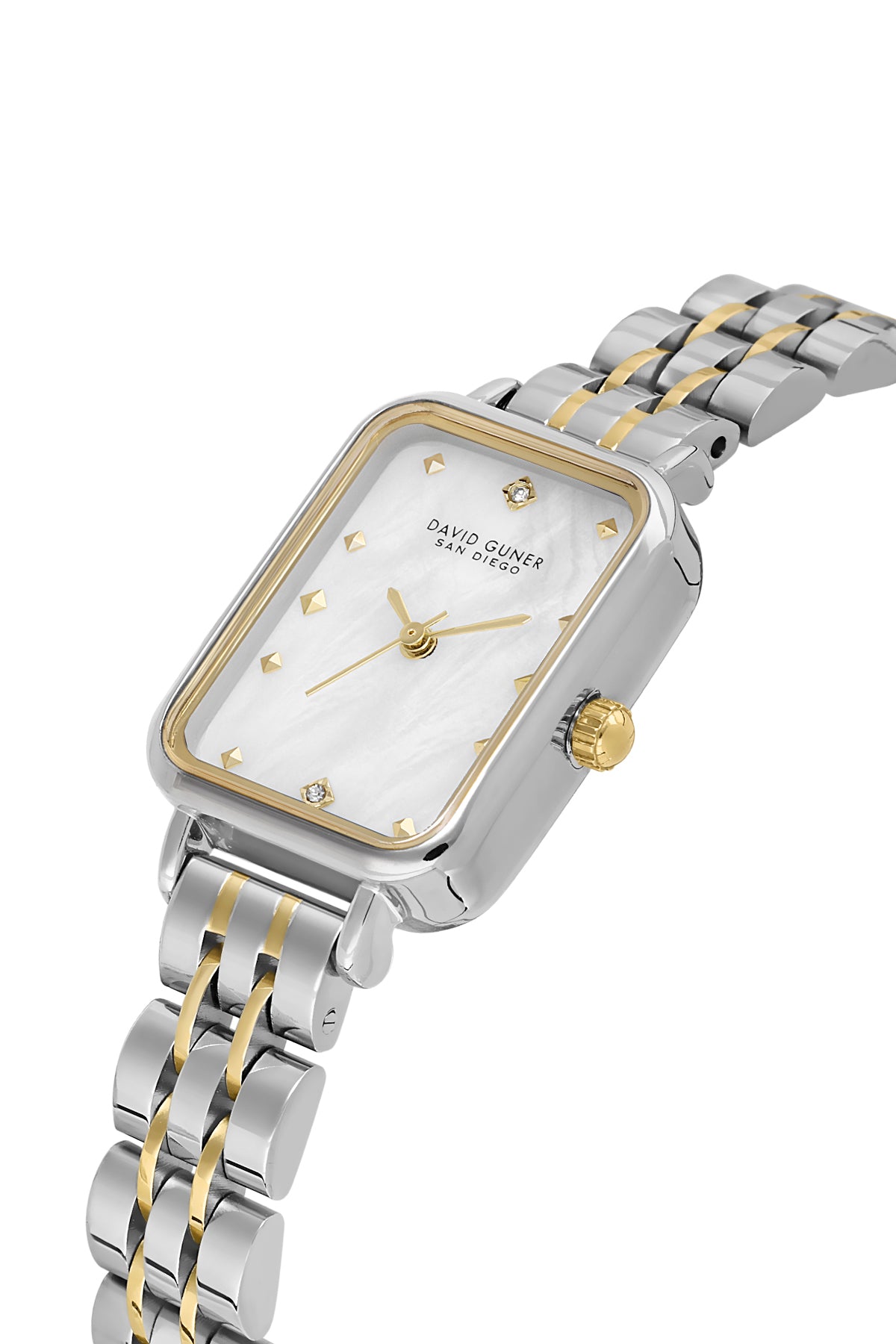 David Guner 9004LA-D1 women's watch with white mother-of-pearl dial, two-tone case and stainless steel bracelet – angled view