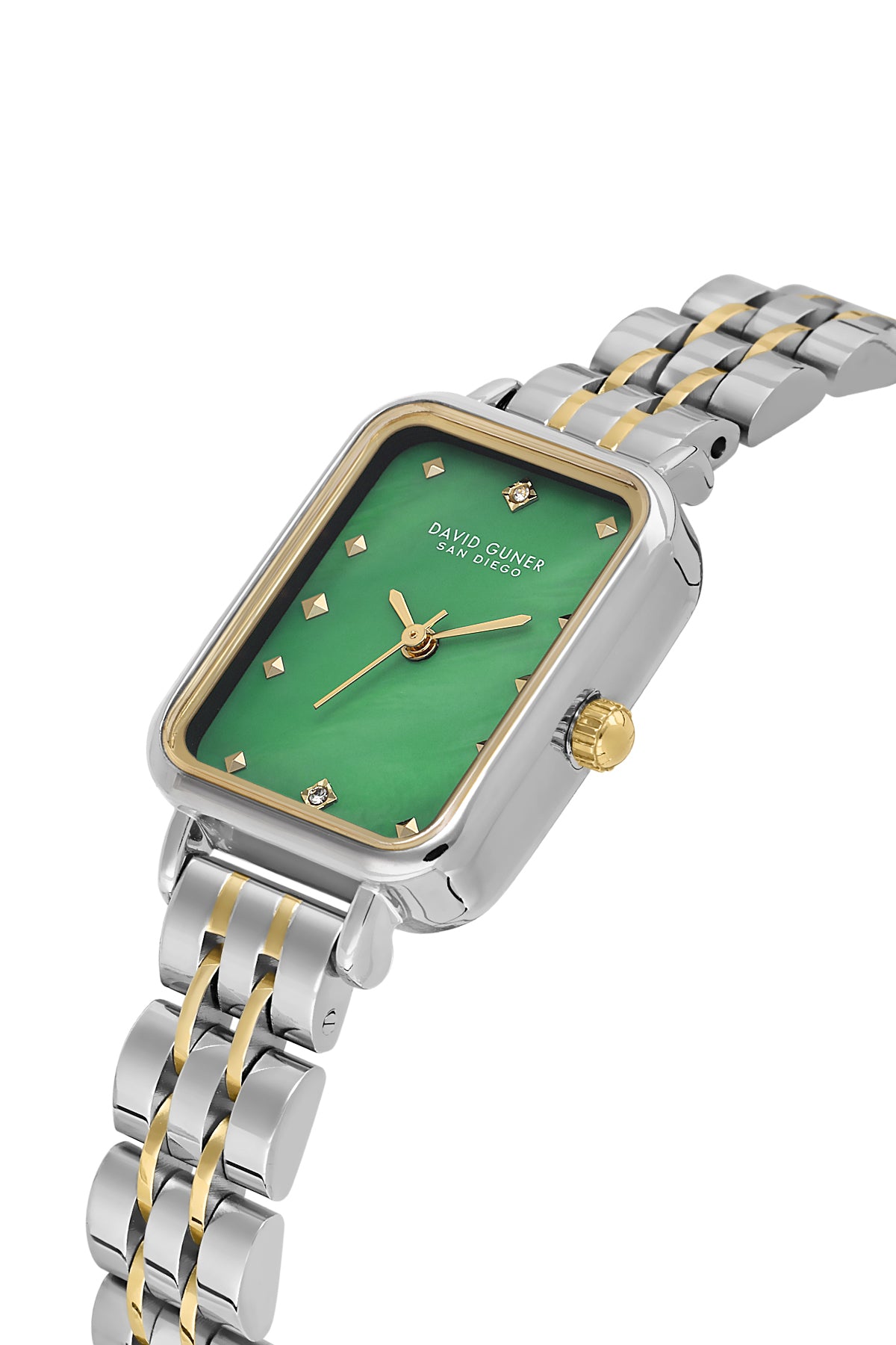 David Guner 9004LA-D10 women's watch with green mother-of-pearl dial, two-tone case and stainless steel bracelet – angled view