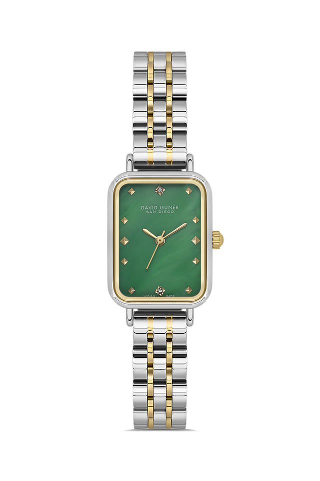 David Guner 9004LA-D10 women's watch with green mother-of-pearl dial, two-tone case and stainless steel bracelet – front view