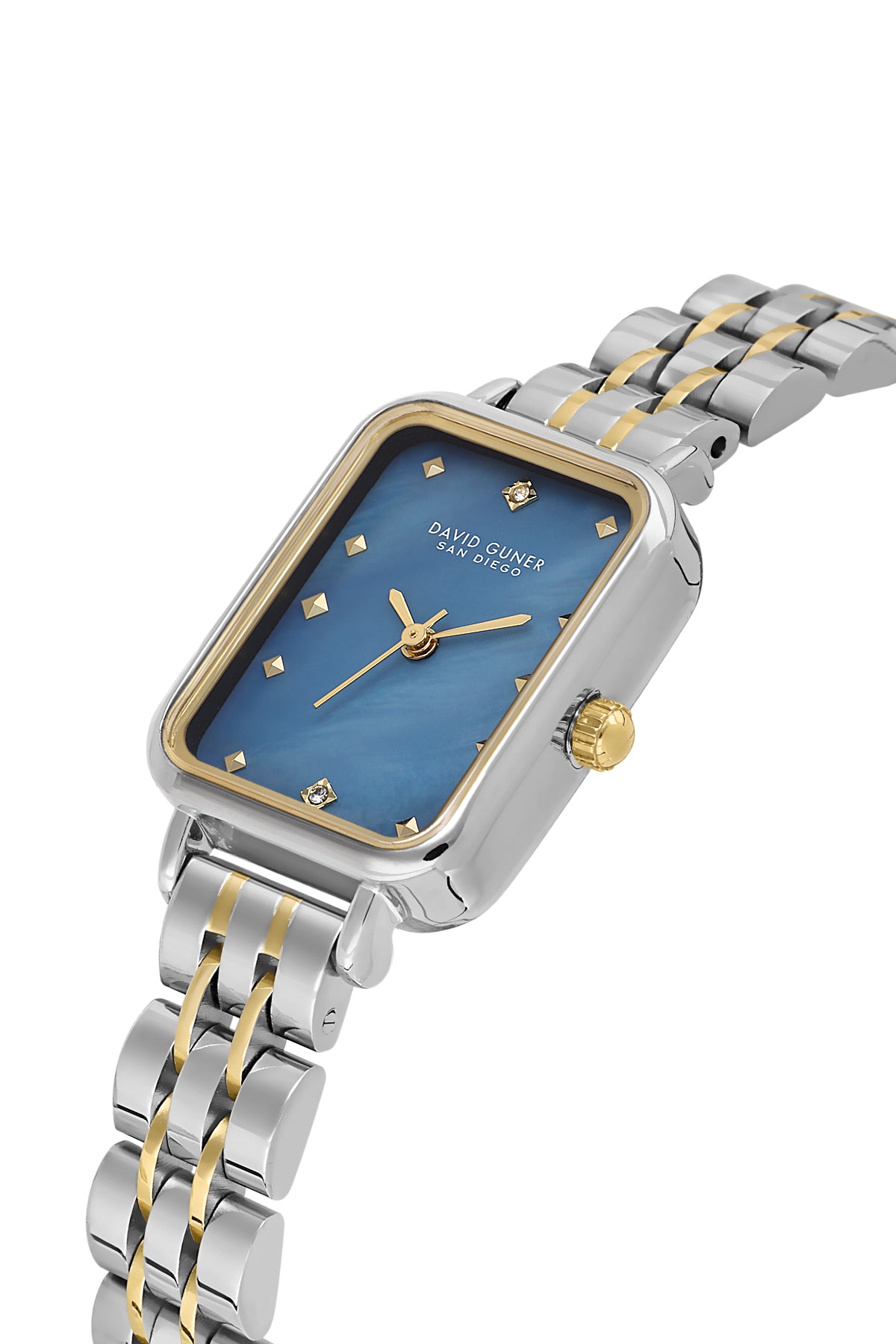 David Guner 9004LA-D3 women's watch with blue mother-of-pearl dial, two-tone case and stainless steel bracelet – angled view