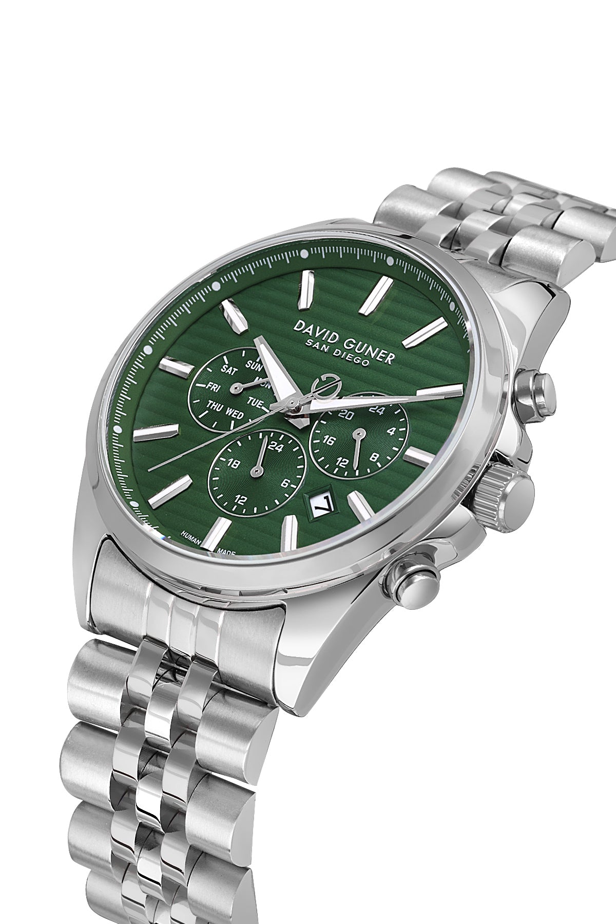 David Guner 9026GA-A10 men's watch with green dial, silver-tone case and stainless steel bracelet – angled view