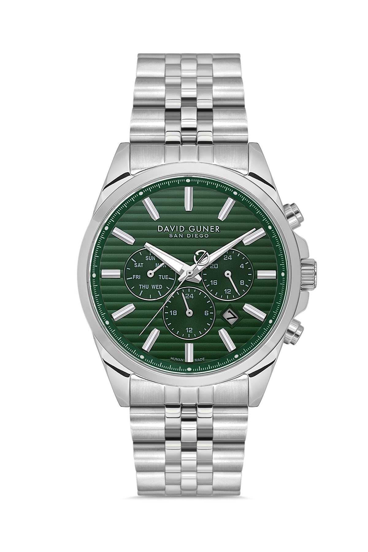 David Guner 9026GA-A10 men's watch with green dial, silver-tone case and stainless steel bracelet – front view