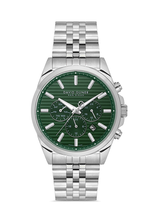 David Guner 9026GA-A10 men's watch with green dial, silver-tone case and stainless steel bracelet – front view