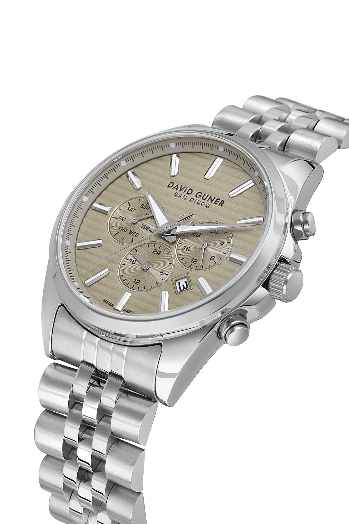 David Guner 9026GA-A20 men's watch with beige dial, silver-tone case and stainless steel bracelet – angled view
