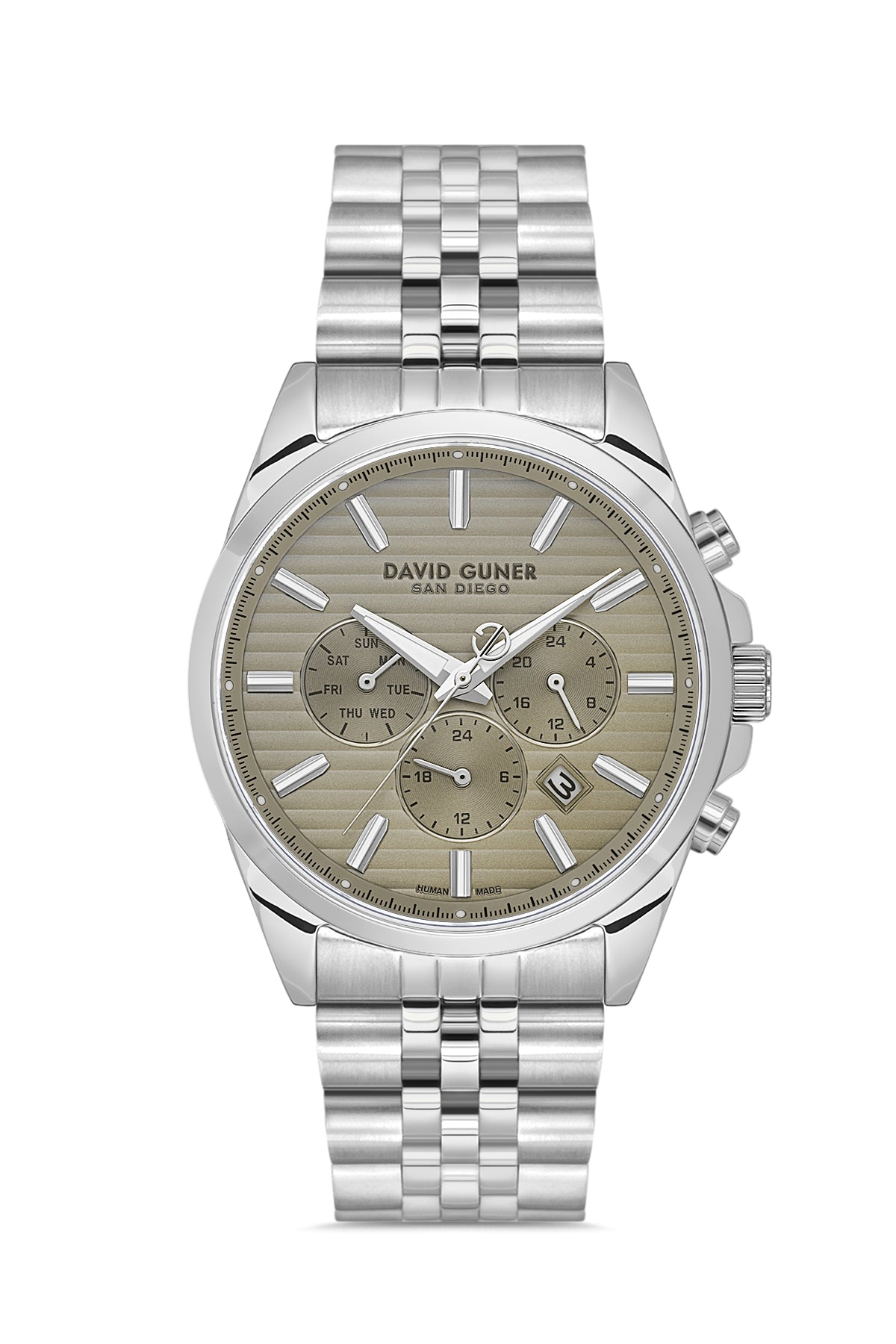 David Guner 9026GA-A20 men's watch with beige dial, silver-tone case and stainless steel bracelet – front view