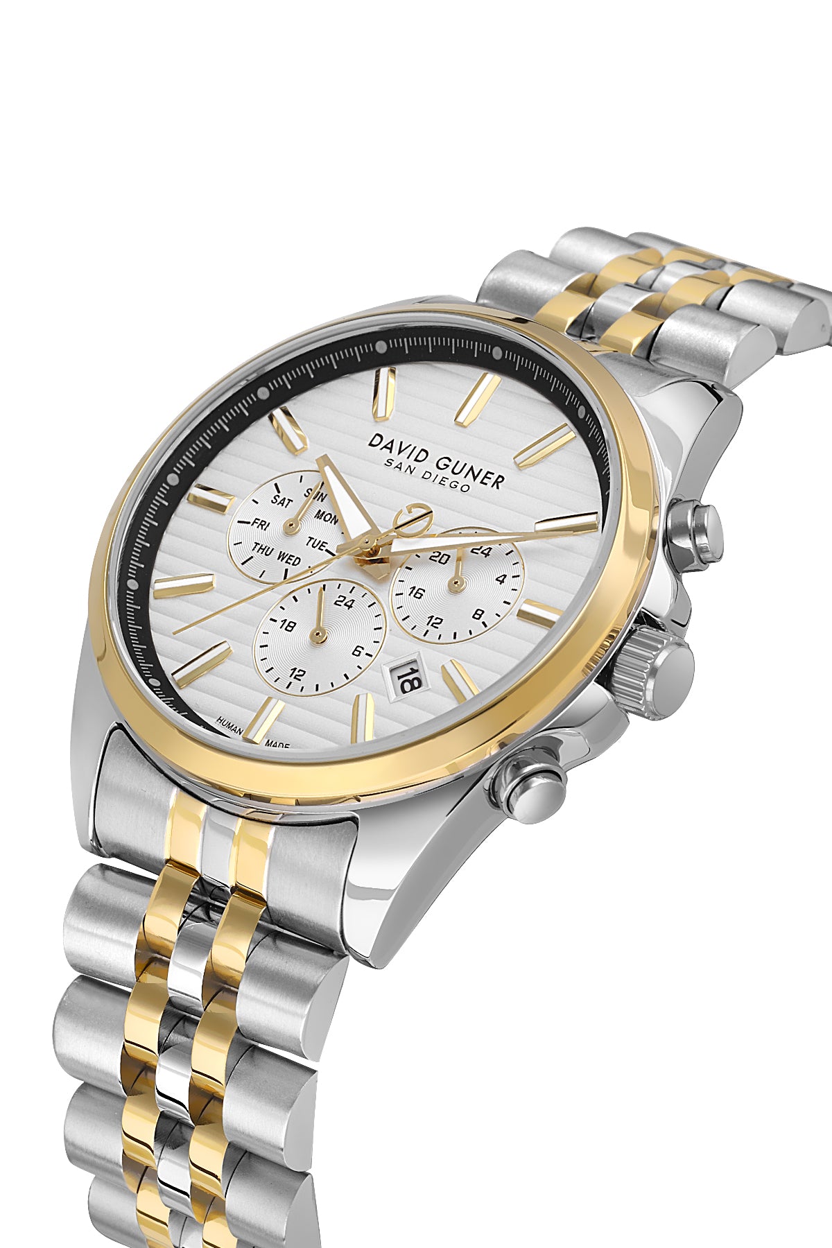 David Guner 9026GA-D1 men's watch with silver dial, two-tone case and stainless steel bracelet – angled view