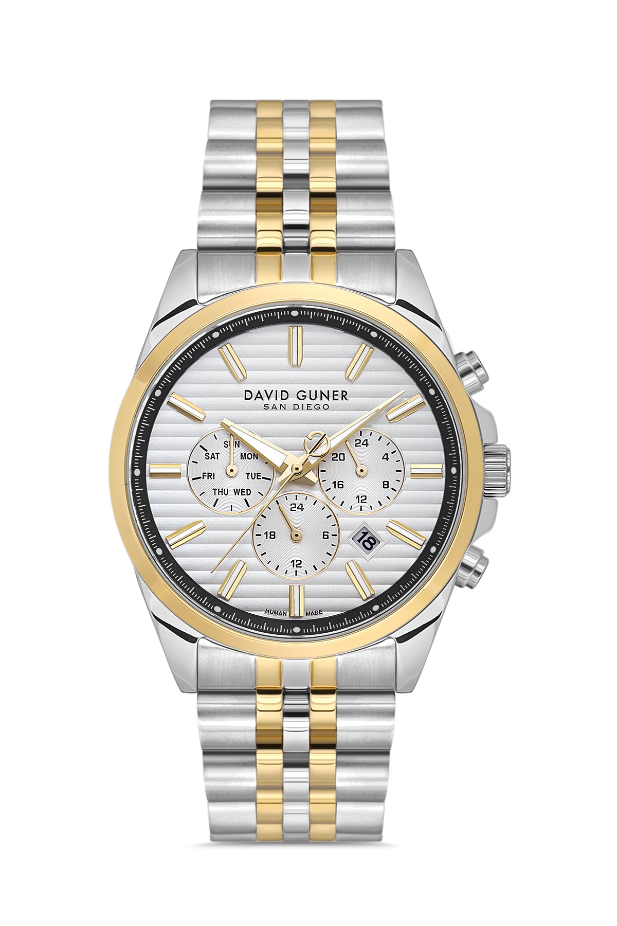 David Guner 9026GA-D1 men's watch with silver dial, two-tone case and stainless steel bracelet – front view