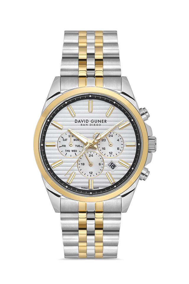David Guner 9026GA-D1 men's watch with silver dial, two-tone case and stainless steel bracelet – front view