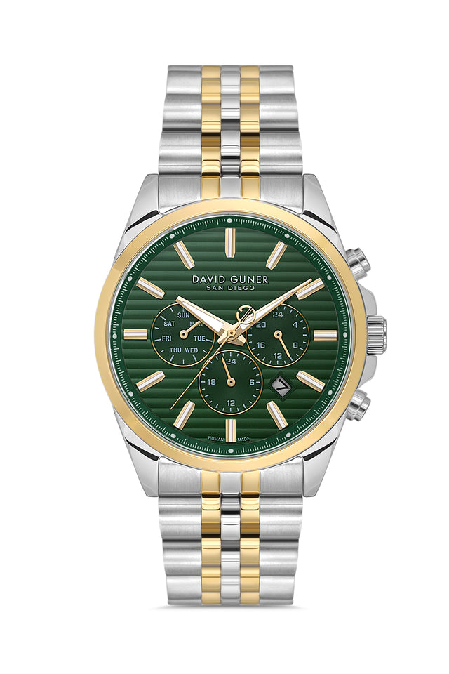 David Guner 9026GA-D10 men's watch with green dial, two-tone case and stainless steel bracelet – front view