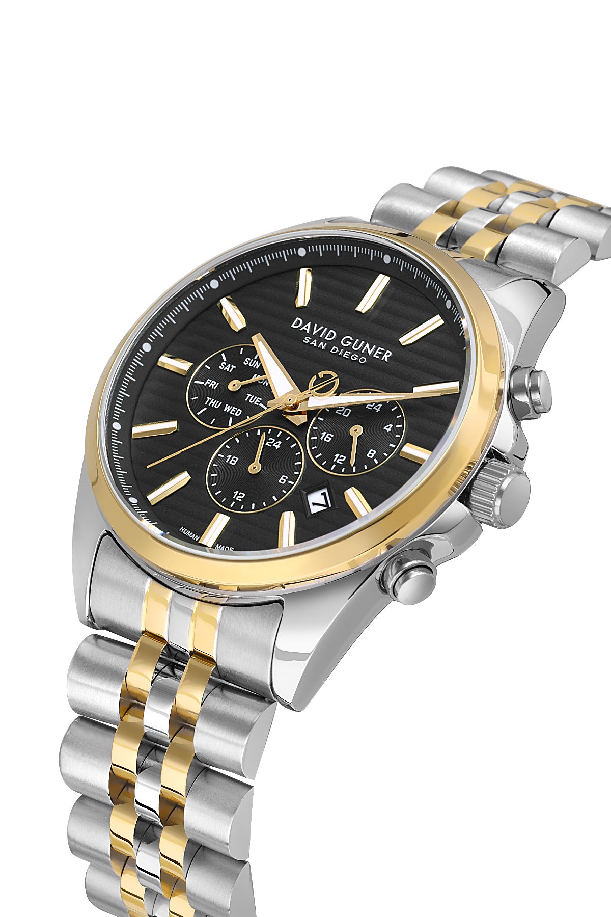 David Guner 9026GA-D2 men's watch with black dial, two-tone case and stainless steel bracelet – angled view