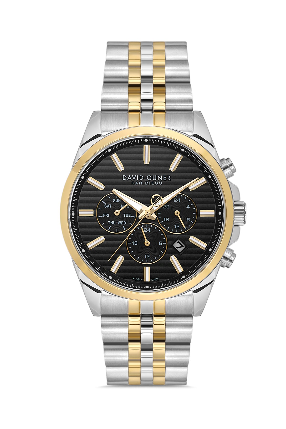 David Guner 9026GA-D2 men's watch with black dial, two-tone case and stainless steel bracelet – front view