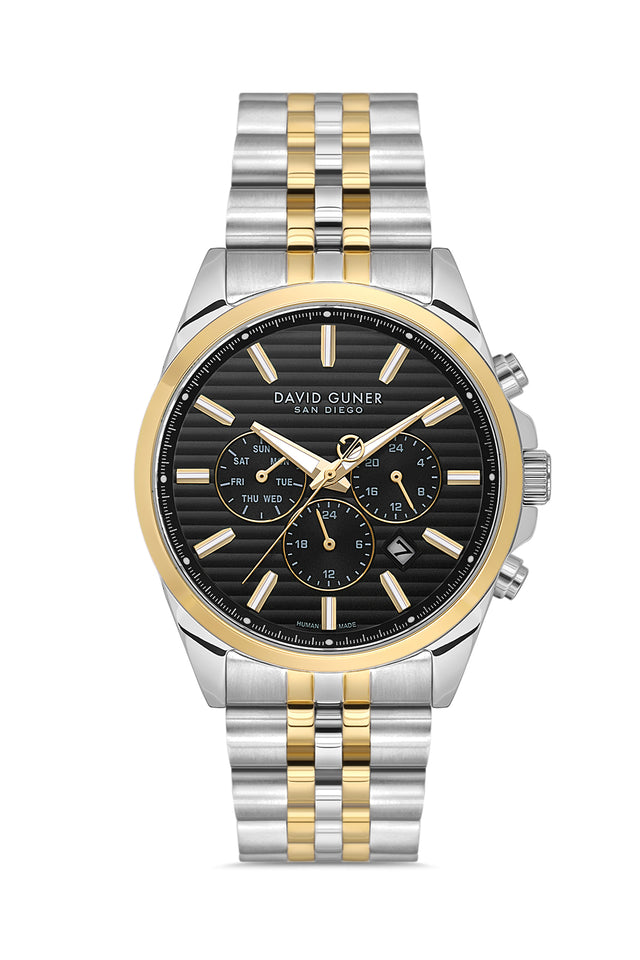 David Guner 9026GA-D2 men's watch with black dial, two-tone case and stainless steel bracelet – front view