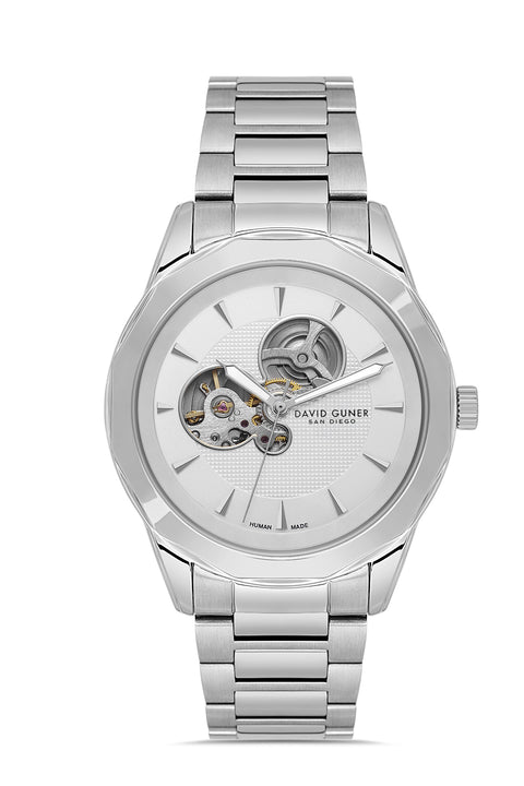 David Guner 9045GA-A1 men's automatic watch with silver dial, silver-tone case and stainless steel bracelet – front view