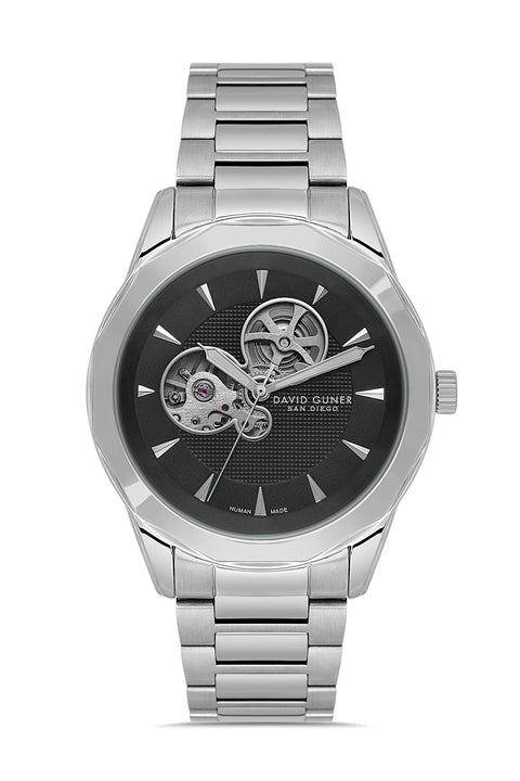 David Guner 9045GA-A2 men's automatic watch with black dial, silver-tone case and stainless steel bracelet – front view