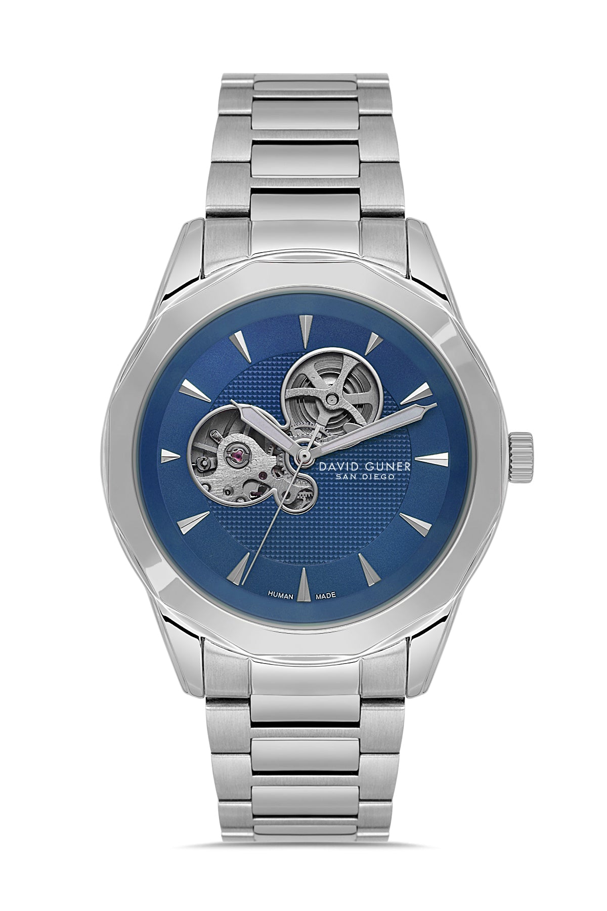 David Guner 9045GA-A3 men's automatic watch with blue dial, silver-tone case and stainless steel bracelet – front view